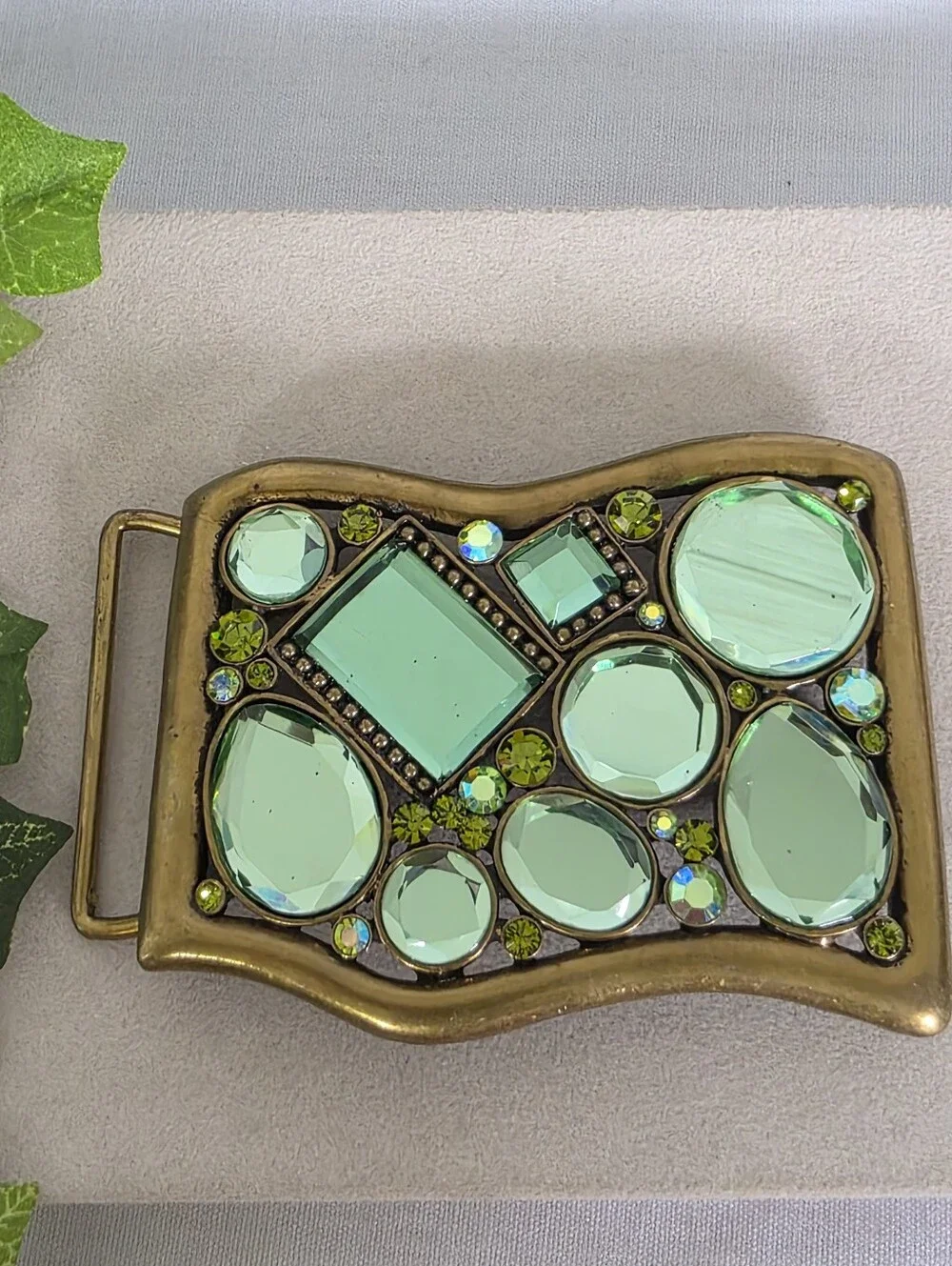 Statement Green Crystal & Rhinestone Belt Buckle Antique Gold Tone